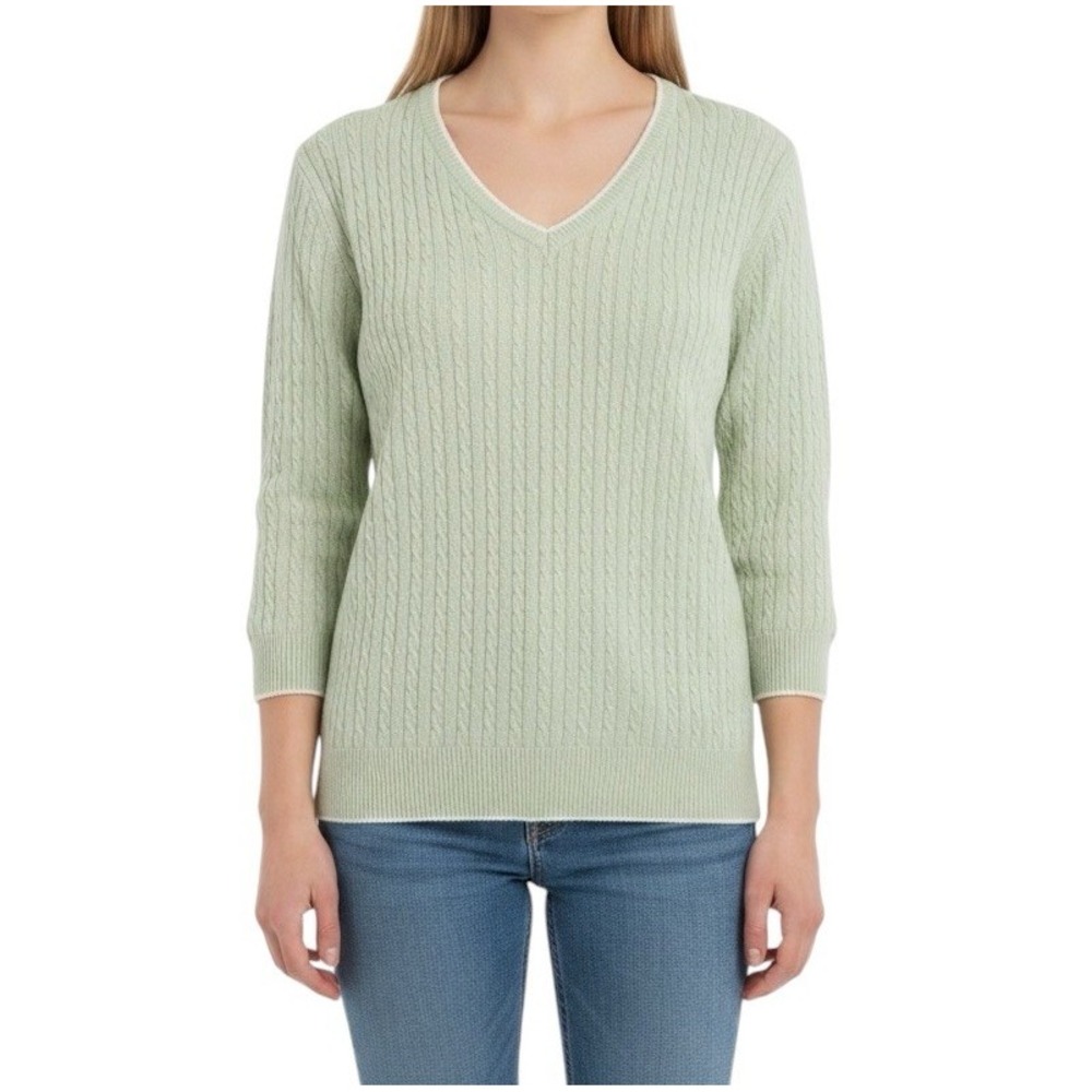 Lauren Ralph Lauren Womens L Green Cable Knit Cotton V Neck 3/4 Sleeve Sweater